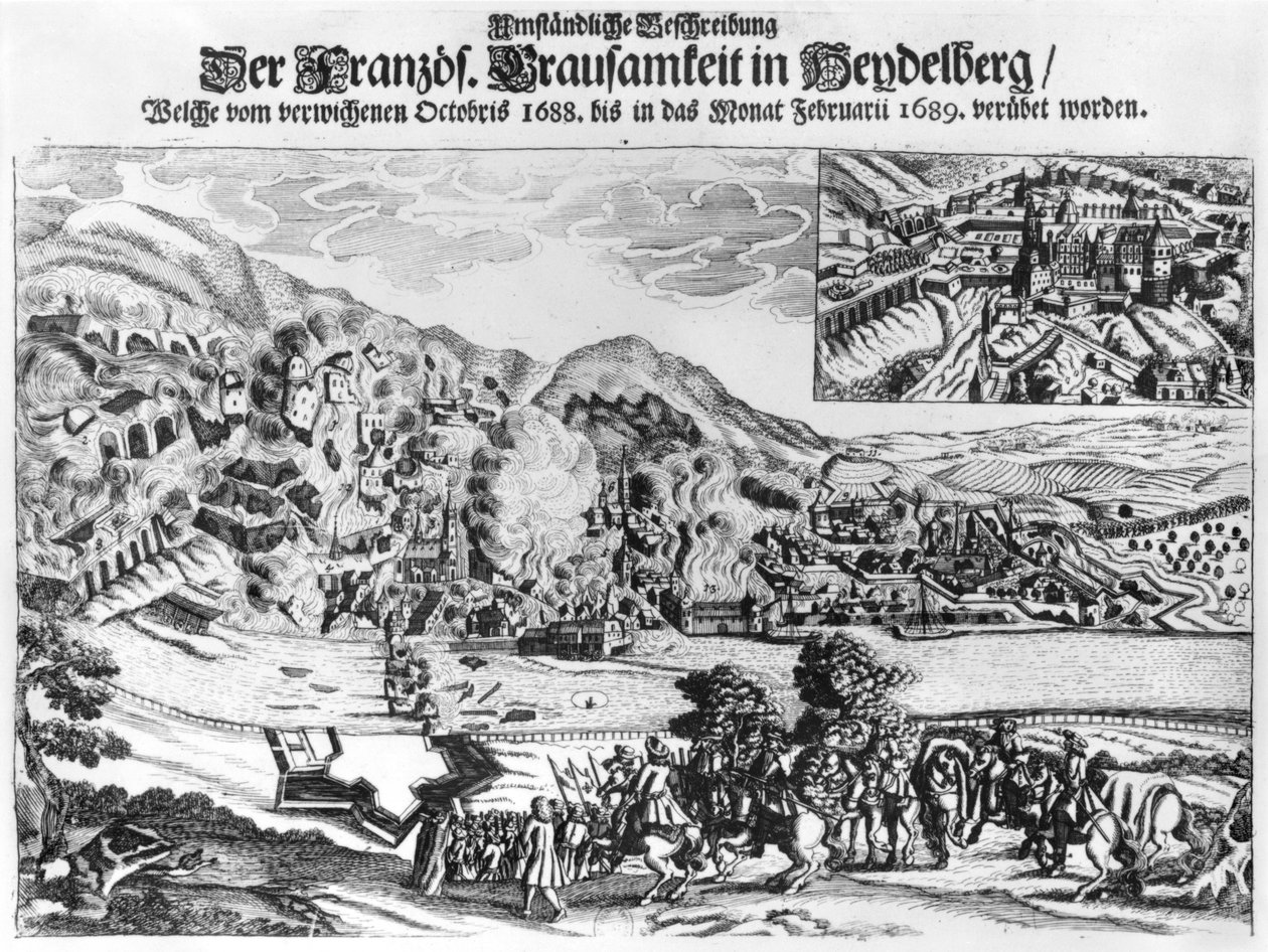 الاستيلاء على وتدمير هايدلبرغ من قبل الفرنسيين في فبراير 1689 بواسطة المدرسة الألمانية