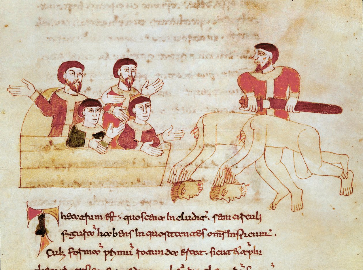 المشهد المسرحي ، الجمهور على اليسار يصفق لأداء الممثلين Miniature مأخوذ من مخطوطة "De Universo" (أو De rerum naturis (من طبيعة الأشياء)) (كود 132) لرابانوس موروس ماجنينتيوس (أو رابان مور أو رابانو ماورو) (كاليفورنيا. بواسطة المدرسة الألمانية