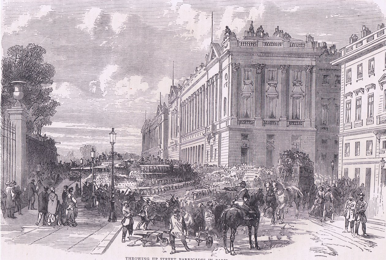 رمي حواجز الشوارع في باريس ، Cassells History of the War بين فرنسا وألمانيا الذي نشرته Cassell and Company Limited ، c1890 (litho) بواسطة المدرسة الألمانية