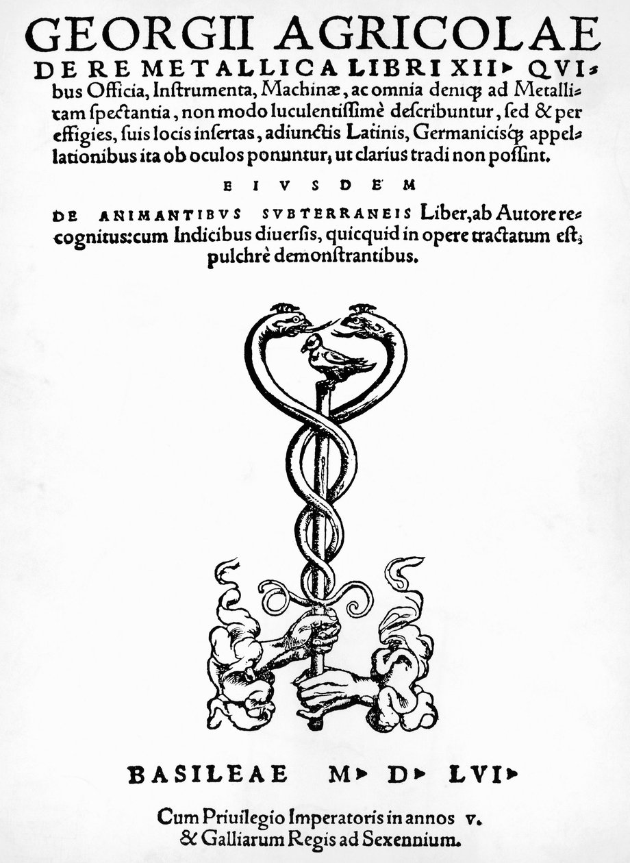 Title page of De re metallica (On the nature of metals), by Georg Pawer or Georgius Agricola (1494-1555), published in Basel بواسطة المدرسة الألمانية