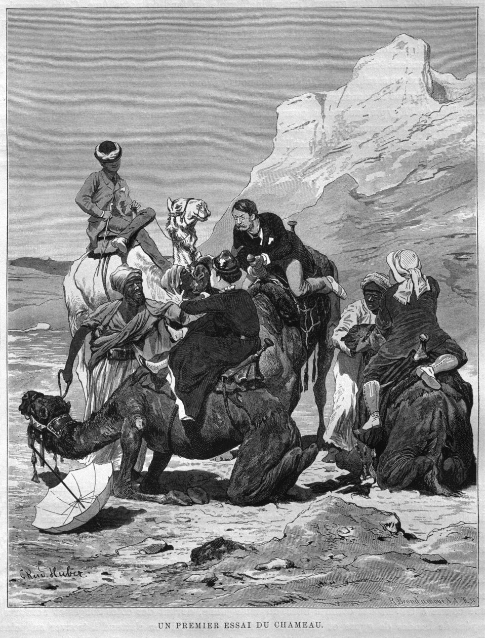 السائحون على ظهر الإبل ، من مصر لجورج موريتز إيبرس (1837-1898) ، 1881 (النقش بالأبيض والأسود) بواسطة المدرسة الألمانية