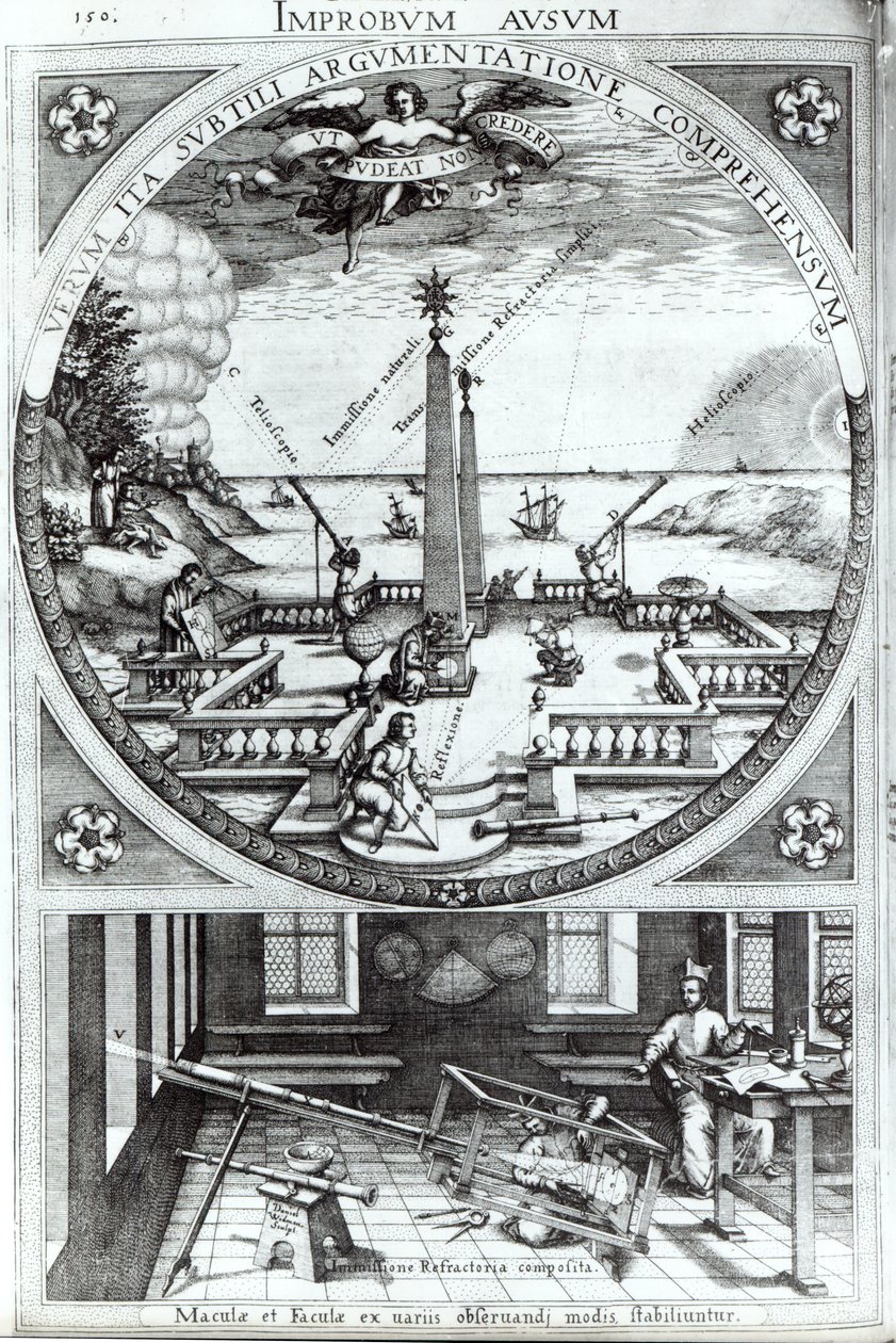 طرق مختلفة لرصد البقع الشمسية ، رسم توضيحي من Rosa Orsina بقلم كريستوف شينر ، تم نشره عام 1630 (لمزيد من التفاصيل انظر 294058) بواسطة المدرسة الألمانية