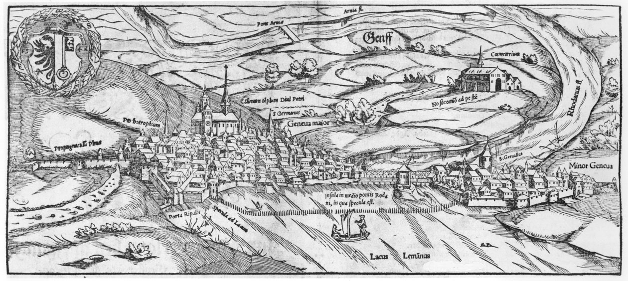 منظر لجنيف ، من Cosmographie Universelle بقلم سيباستيان مونستر (1488-1552) بازل ، تم نشره 1559 بواسطة المدرسة الألمانية