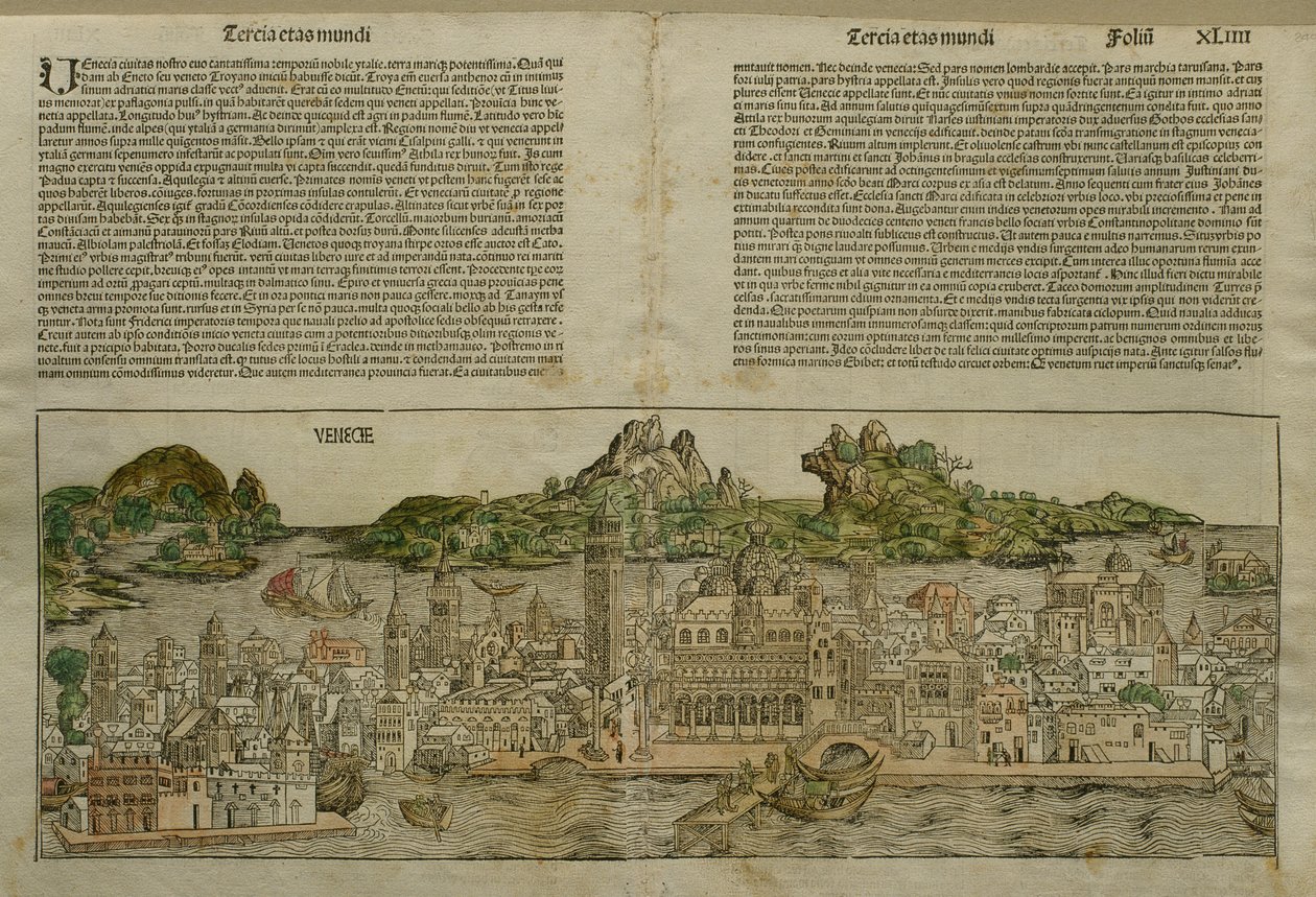 منظر للبندقية ، توضيح من Liber Chronicarum بواسطة Hartmann Schedel (1440-1514) تم نشره في نورمبرغ ، 1493 بواسطة المدرسة الألمانية