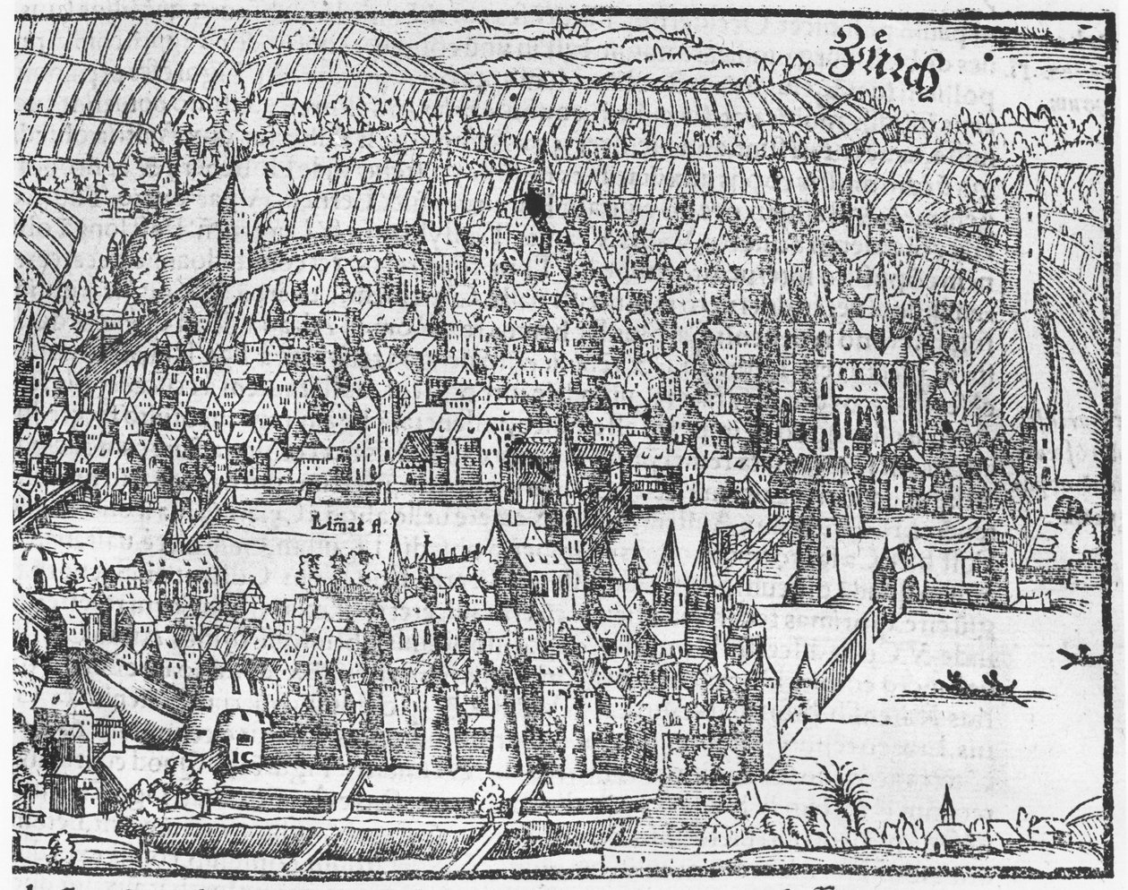 عرض لزيورخ ، من Cosmographie Universelle بقلم سيباستيان مونستر (1488-1552) بازل ، تم نشره 1559 بواسطة المدرسة الألمانية