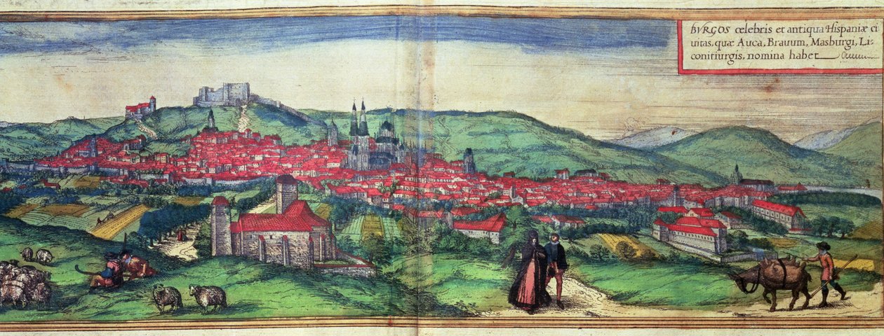 منظر لمدينة بورغوس، من عمل "Civites Orbis Terrarum" الذي حرره جورج براون ونقشه فرانز هوغنبرغ بواسطة المدرسة الألمانية
