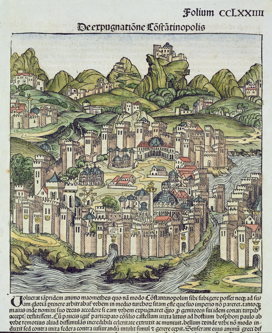 منظر لمدينة القسطنطينية المسورة ، من نورنبرغ كرونيكل بقلم هارتمان شيدل (1440-1514) 1493 (قطعة خشبية) بواسطة المدرسة الألمانية