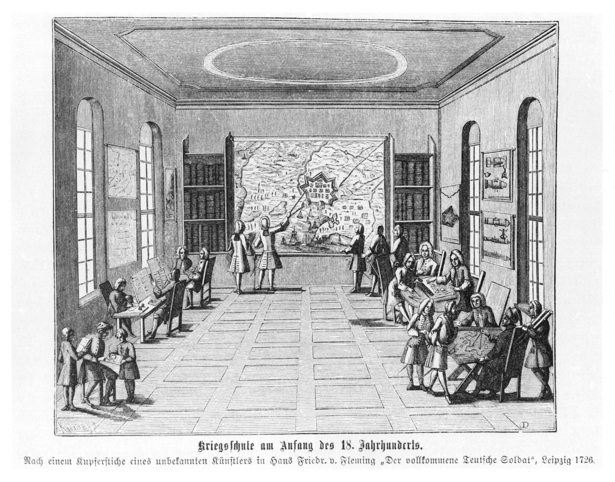 مدرسة الحرب ، توضيح من "الجندي الألماني المثالي" بقلم هانز فريدريش فان فليمنج ، 1726 ، نُشر في لايبزيغ بواسطة المدرسة الألمانية