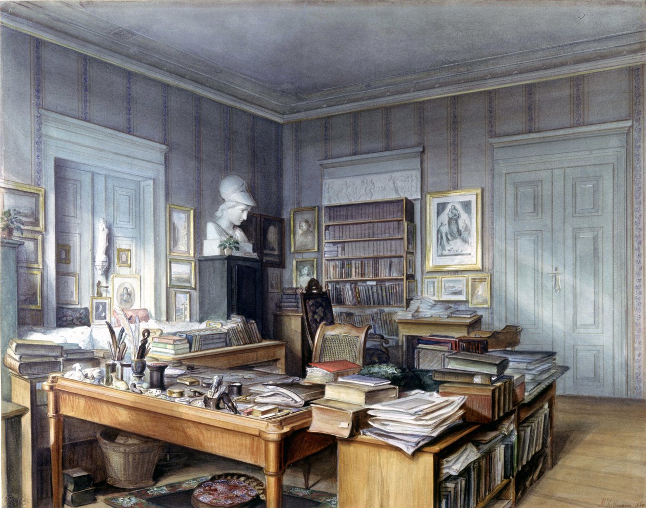 غرفة عمل فيلهلم جريم (1786-1859) في برلين ، 7 Linkstrasse. نقش السيد هوفمان. المتحف الوطني ، نورمبرغ. 1860. بواسطة المدرسة الألمانية