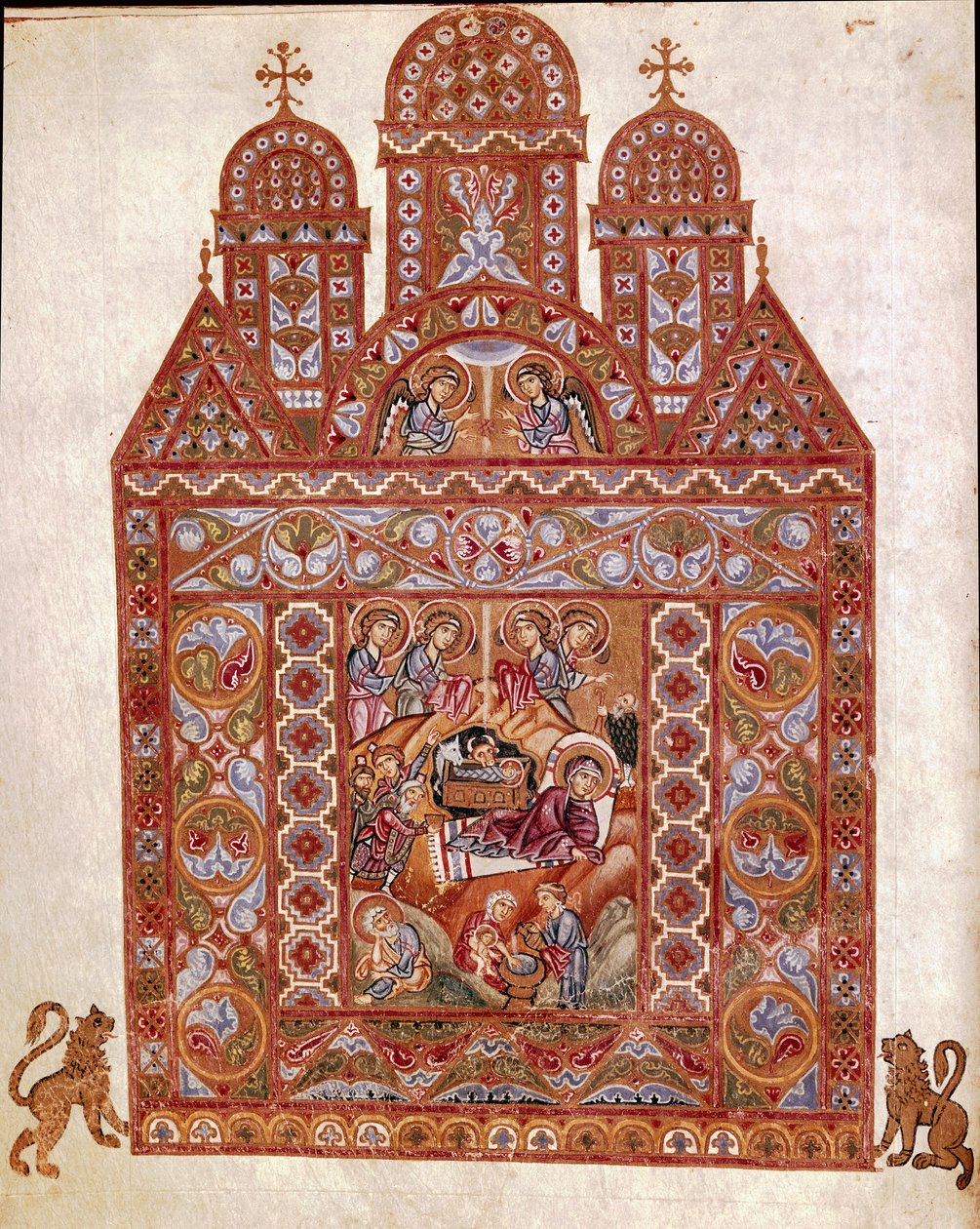 Nativite Miniature of the Codex of Egbert (Codex Egberti) بواسطة مدرسة Reichenau. 980 تقريبًا Cividale del Friuli أو Museo Archeologico أو Cathedrale de Cividale بواسطة المدرسة الألمانية