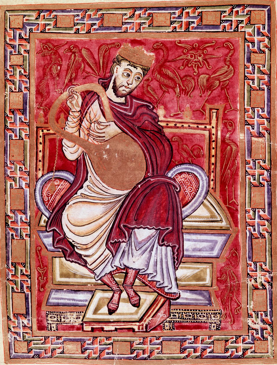 تمثيل للملك داود وهو يعزف على قيثارة Miniature du codex d'Egbert (Codex Egberti) من قبل مدرسة Reichenau 980 Cividale del Friuli أو Museo Archaeologico أو Cathedrale de Cividale (الملك داود على العرش ، منمنمة من "" Psalterium Egberti "993 بواسطة المدرسة الألمانية