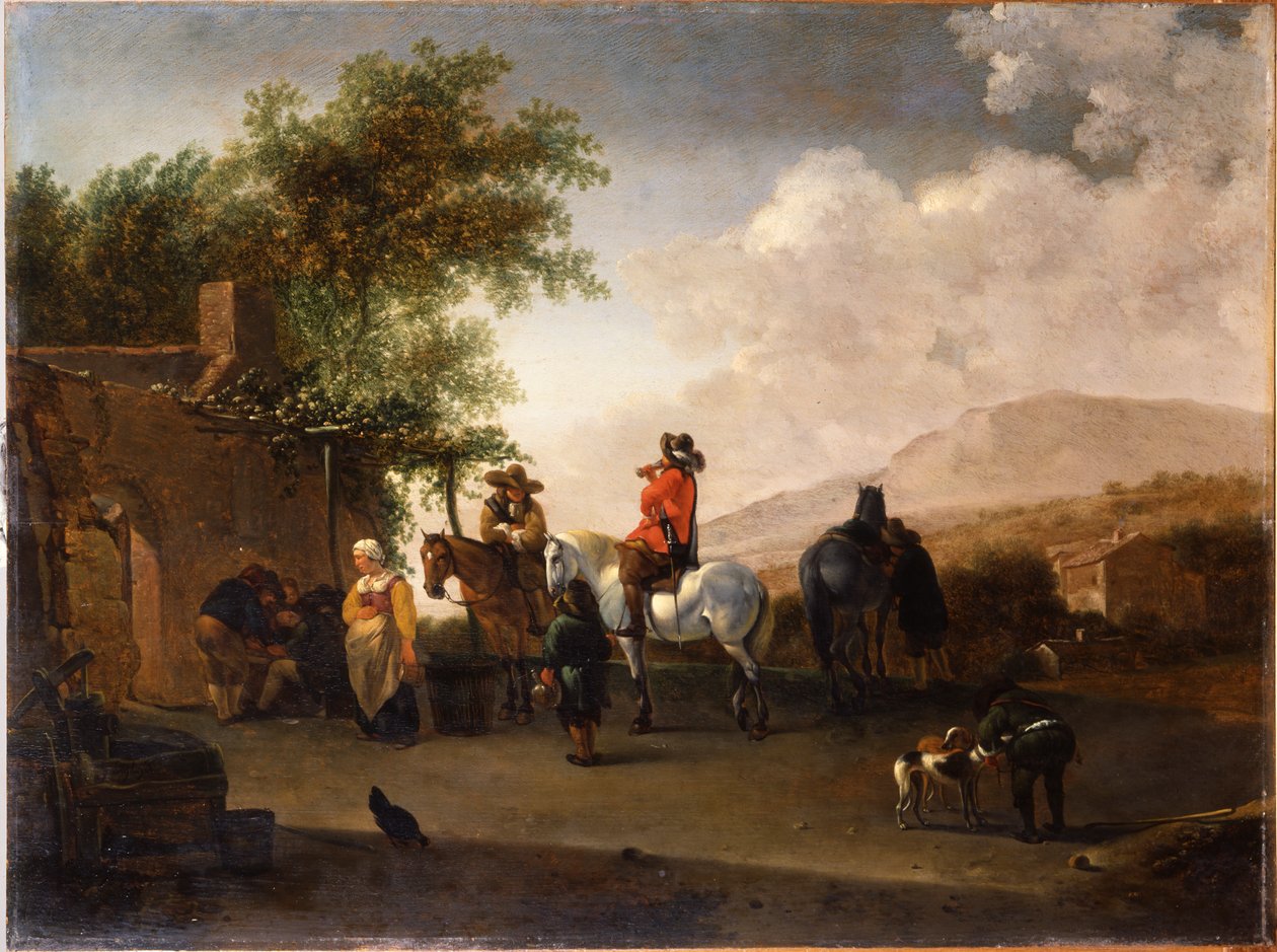 المسافرون على ظهور الخيل يأخذون المرطبات على ممر جبلي ، في منظر طبيعي إيطالي بواسطة جيريت أدريانينز بيركهايد