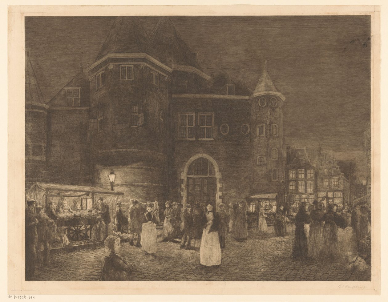 السوق في Waag في Nieuwmarkt في أمستردام في الليل بواسطة جيريت هافركامب (توقيع الفنان)