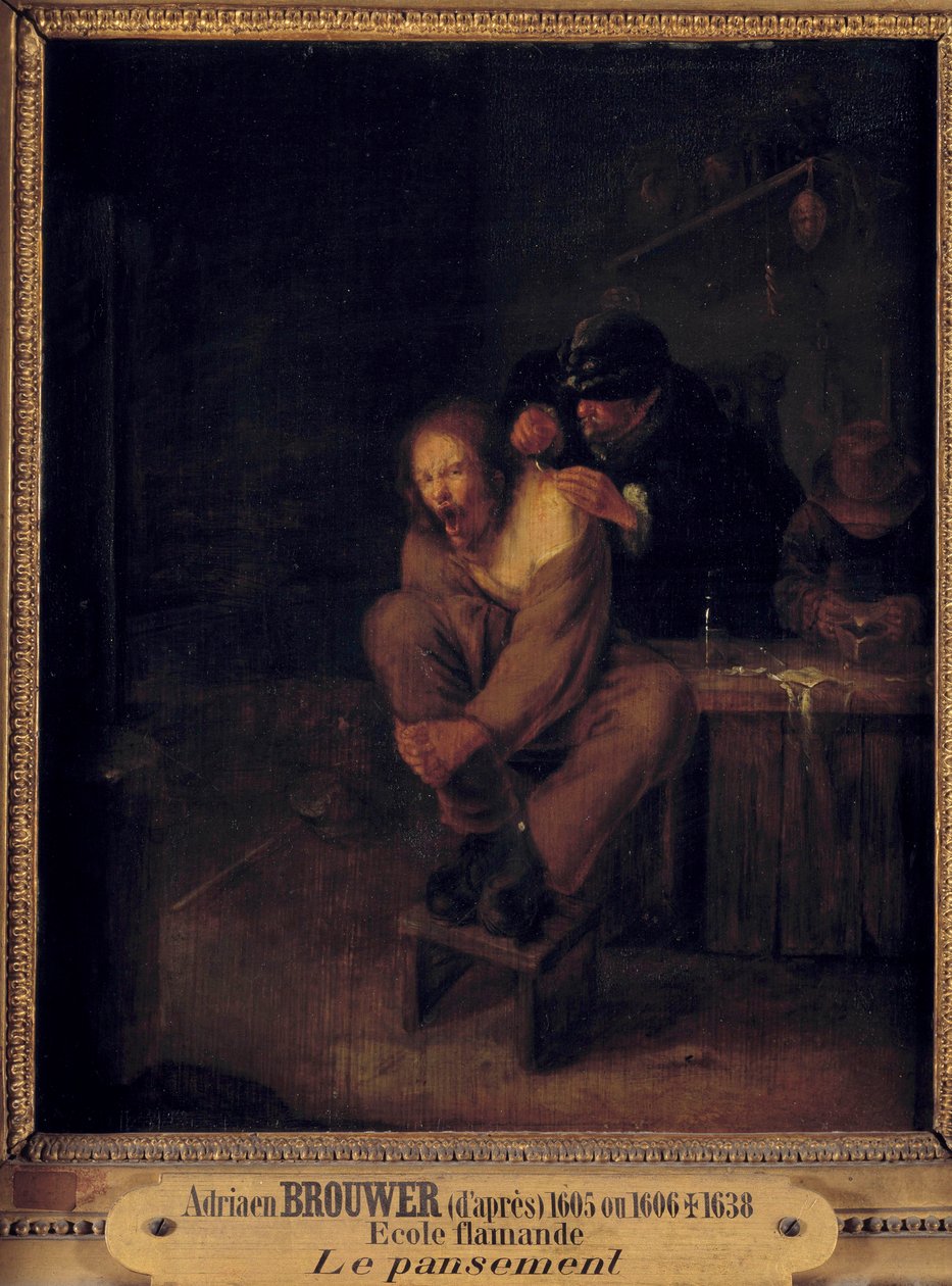 Operation (or dressing) A surgeon caring for a patient. Painting by Gerrit Lundens (1622-1683) after Adriaen Brouwer (1605/1606-1638). 17th century. Dim. 0,32x0,28 m. بواسطة جيريت لوندينز