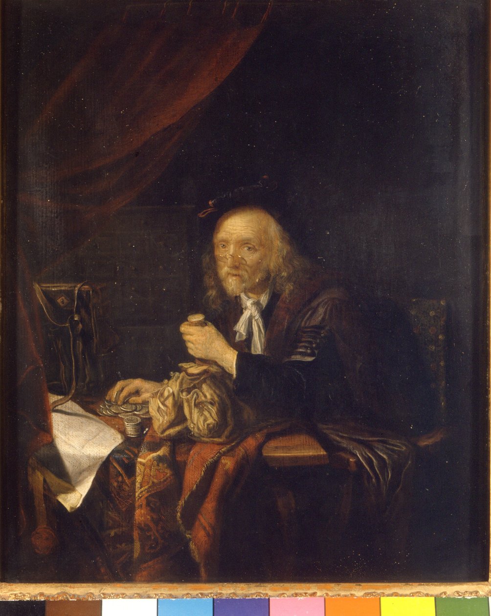 رجل لا يثق به يحسب ماله من خلال حمل محفظة في يده. لوحة لجيرارد دو (أو جيريت داو) (1613-1675) القرن السابع عشر متحف ميلانو ديل كاستيلو بواسطة جيريت دو