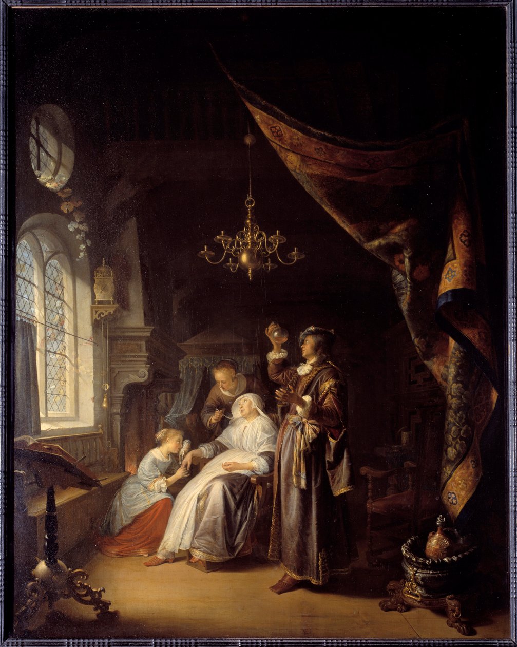 المرأة المائية. يقوم الطبيب بفحص بول المرأة المصابة بالاستسقاء. رسم جيرارد دو (1613-1675) Ec. هول بواسطة جيريت دو