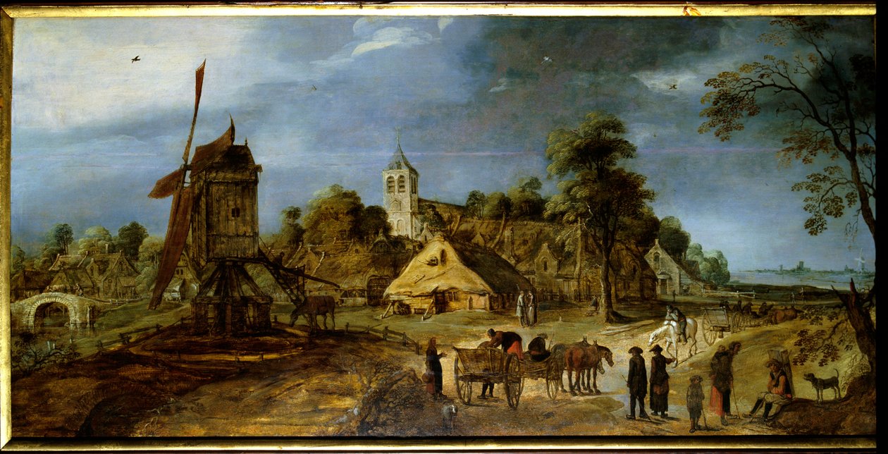 منظر طبيعي للريف الهولندي في إحدى شوارع القرية مع طاحونة. لوحة لجيريت فان هونثورست (1590-1656) من القرن السابع عشر. ريوم ، متحف فرانسيسك مانديت بواسطة جيريت فان هونثورست