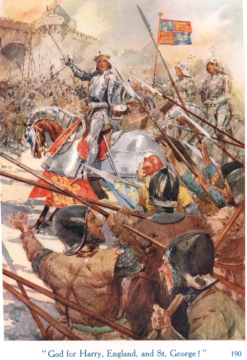 "God for Harry، England and St. George!" ، رسم توضيحي من "قصص شكسبير عن الملوك الإنجليز" ، نشره George Harrap & Son بواسطة جيرترود إي ديمين هاموند