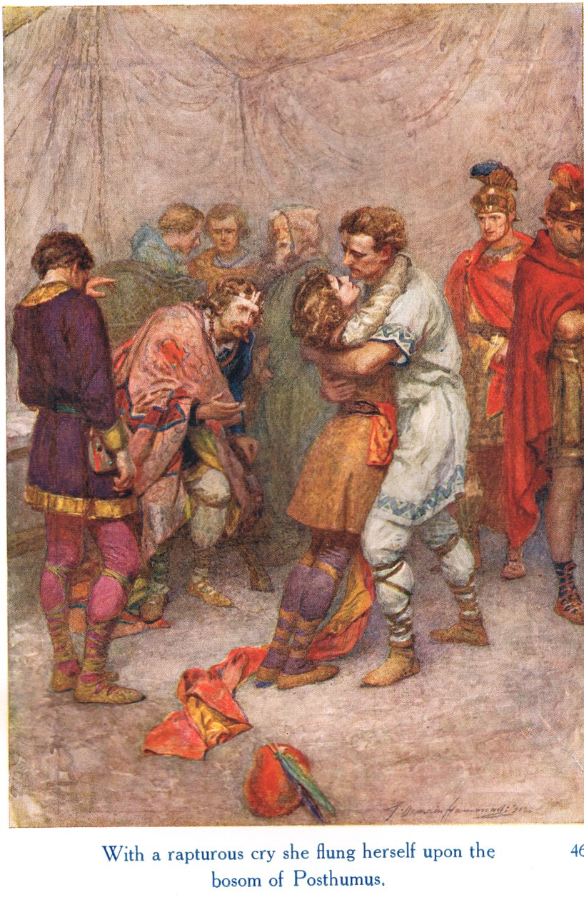 "بصرخة حماسية ألقت بنفسها على حضن Posthumus" ، رسم توضيحي من "قصص شكسبير عن الملوك الإنجليز" ، نشره جورج هاراب وابنه بواسطة جيرترود إي ديمين هاموند