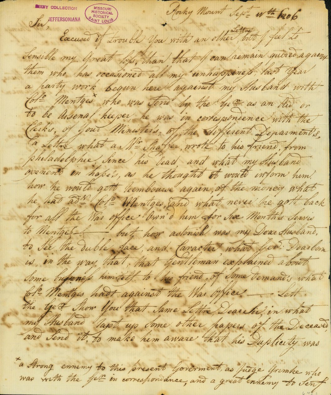وقعت الرسالة جيرترود جوان سينف ، روكي ماونت ، إلى توماس جيفرسون ، 11 سبتمبر 1806 بواسطة جيرترود جوان خردل