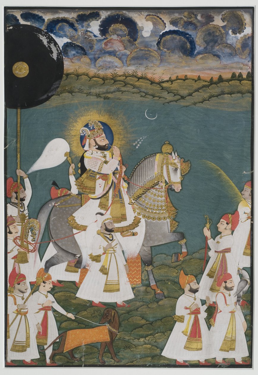 صورة مهارانا بهيم سينغ من أودايبور (1778-1828) على ظهور الخيل برفقة الحاضرين ، 1820 (الغواش على الورق ، ولمس بالذهب) بواسطة قاسي قاسي