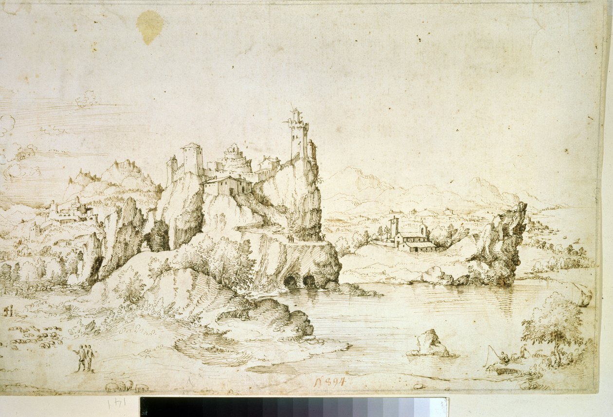 "" Un chateau perche sur une montagne "(قلعة على صخرة في مناظر الجبال) رسم بالحبر البني بقلم غيراردو سيبو (1512-1600) 1540 متحف بوشكين ، موسكو بواسطة غيراردو سيبو