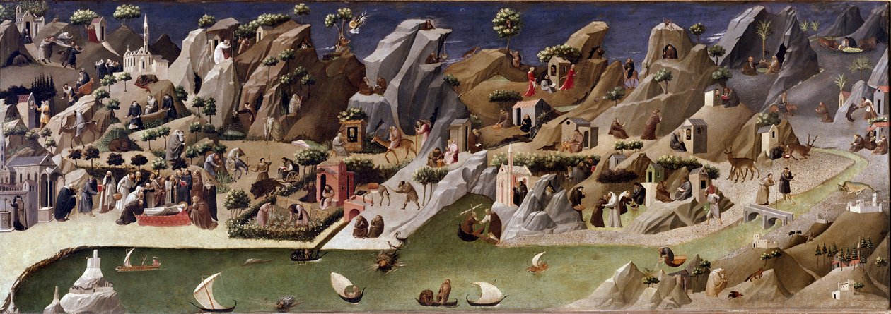 La thebaide des hermits وصف حياة النساك في الصحراء - Detrempe على الخشب المنسوب إلى غيراردو ستارنينا (القرنين الرابع عشر والخامس عشر). 1400 تقريبًا خافت 2x0.8 م فلورنسا ، جاليريا ديجلي أوفيزي (أوفيزي) بواسطة غيراردو ستارينا
