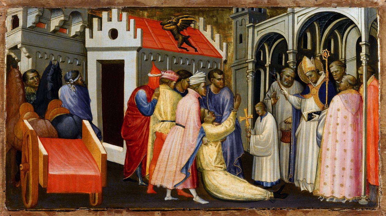 القديس هيو من لينكولن يطرد رجلًا يمتلكه الشيطان - رسم غيراردو ستارنينا (1364-1413) - 1404-1407 - تمبرا على اللوح - 28.4 × 50.4 - بواسطة غيراردو ستارينا