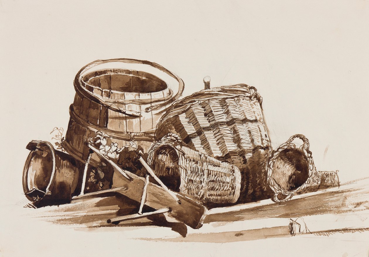 سلال ، وبراميل ، ومنصات ، منسوخة من عمل أخيل فيانيلي (1803-1894) (يغسل بالقلم الرصاص أو البني الداكن على الورق) بواسطة جياسينتو جيجانتي