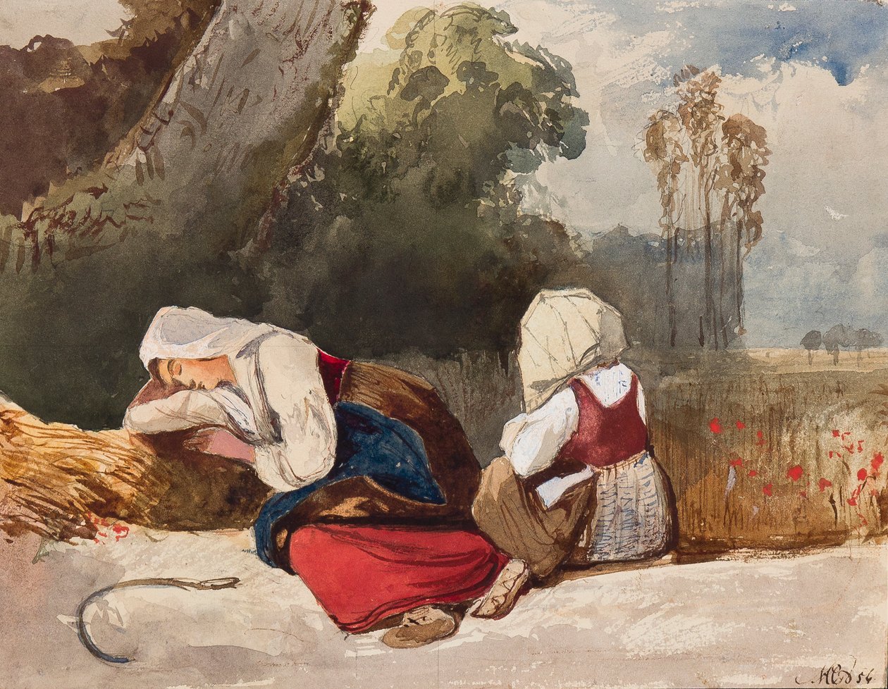 يستريح Gleaners ، مع إضافات من الأميرة ماريا Annunziata di Borbone (1843-1871) ، 1854 (قلم رصاص ، مرحاض وجواش على الورق) بواسطة جياسينتو جيجانتي