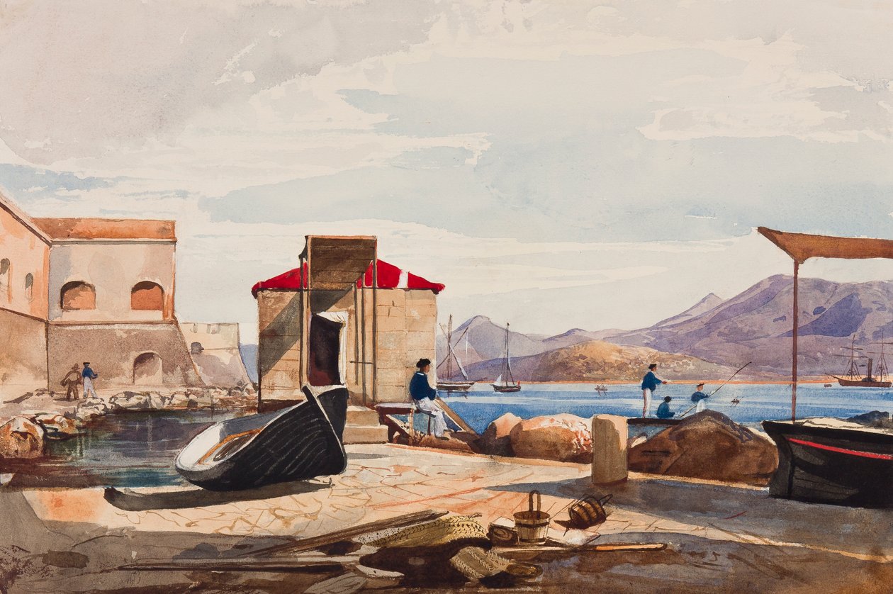 The Port at Gaeta ، مع إضافات من الأميرة ماريا أنونزياتا دي بوربون (1843-1871) (قلم رصاص ، مرحاض وجواش على الورق) بواسطة جياسينتو جيجانتي