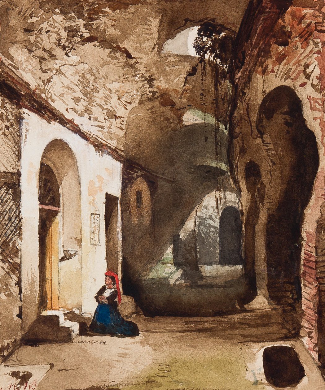 امرأة تصلي في ضريح مقبب في مدرج Pozzuoli ، مع إضافات من الأميرة ماريا Annunziata di Borbone (1843-1871) (قلم رصاص ، مرحاض وجواش على ورق) بواسطة جياسينتو جيجانتي