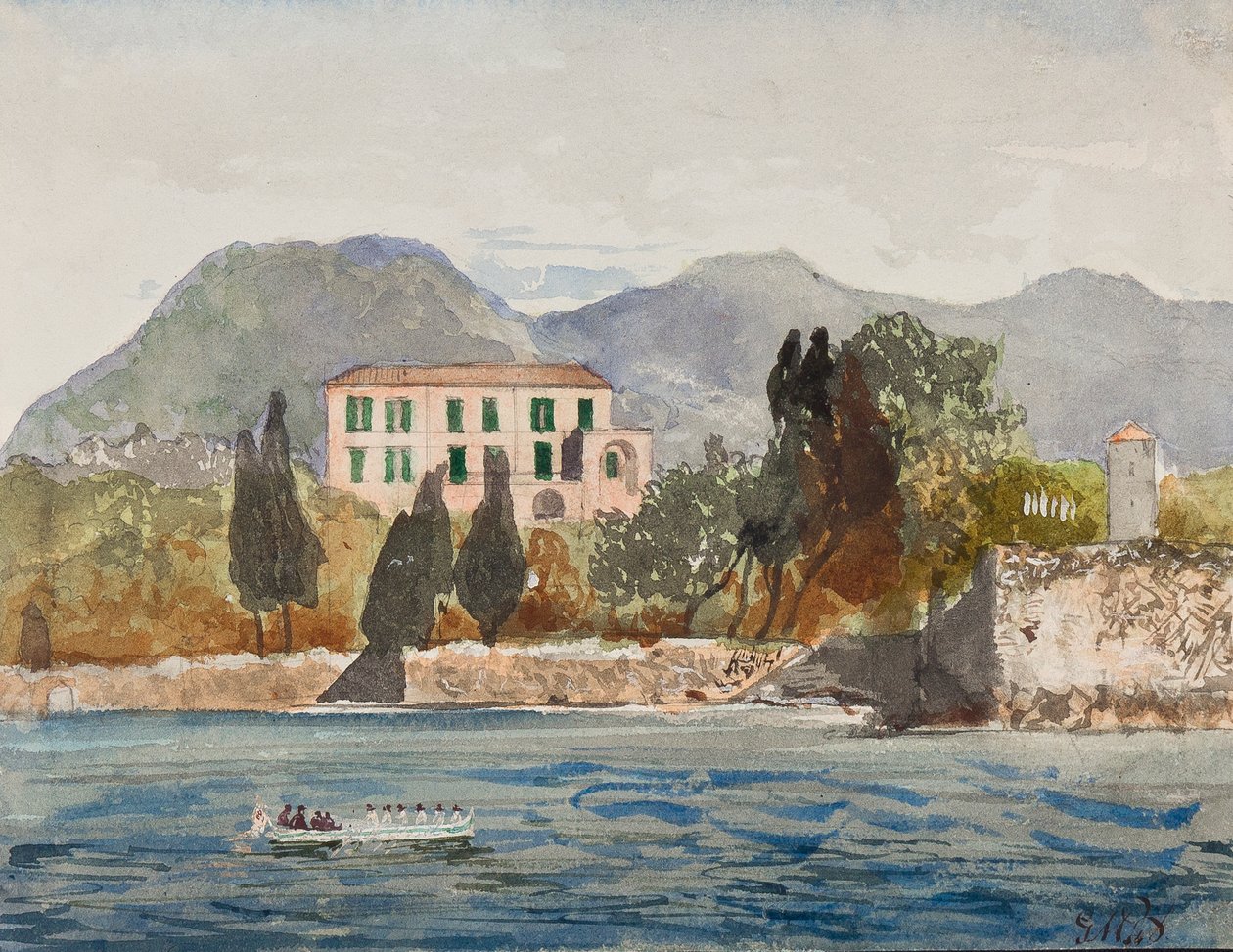 قارب تجديف مع علم Borbone يقترب من منزل كبير على ساحل نابولي ، مع إضافات من قبل الأمير Gaetano Maria Federico di Borbone (1846-1871) (قلم رصاص ، wc und gouache) بواسطة جياسينتو جيجانتي