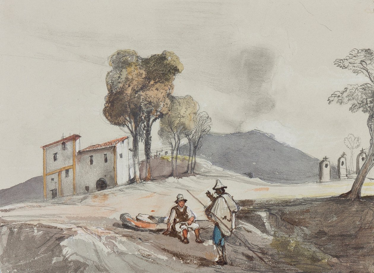 رعاة مع Vesuvius في المسافة ، مع إضافات من تلميذ Borbone (قلم رصاص ، مرحاض وجواش على الورق) بواسطة جياسينتو جيجانتي