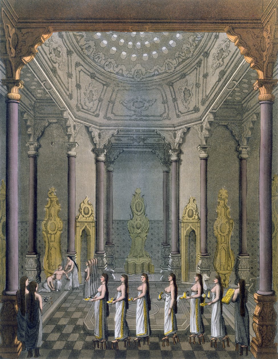 سلطان عثماني يستحم مع حريمه ، من فيلم Le Costume Ancien et Moderne لجول فيراريو ، نُشر في ميلانو في 1820s-30s (النقش بالألوان) بواسطة جياكومو بوسي