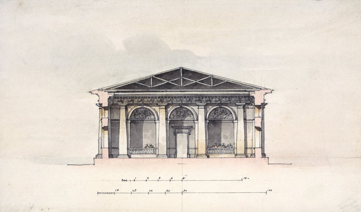 عرض المقطع العرضي لاسطبلات ركوب الخيل في Tsarskoye Selo ، 1792 (قلم وحبر ومرحاض على ورق) بواسطة جياكومو أنطونيو دومينيكو كورينغي