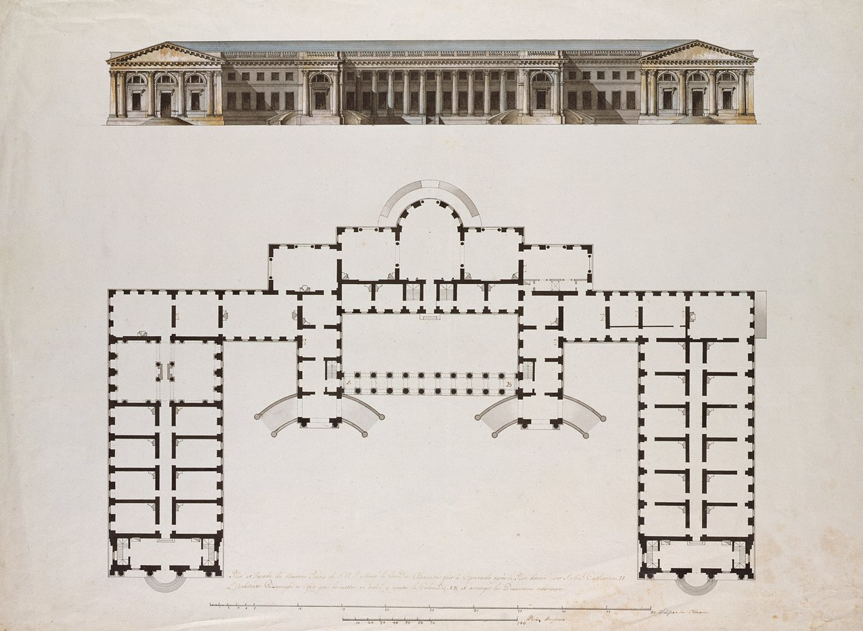 الارتفاع الشمالي والمخطط الأرضي لقصر ألكسندر في Tsarkoe Selo ، c.1780s (قلم وحبر أسود وبني ، غسيل رمادي ومرحاض على ورق) بواسطة جياكومو أنطونيو دومينيكو كورينغي