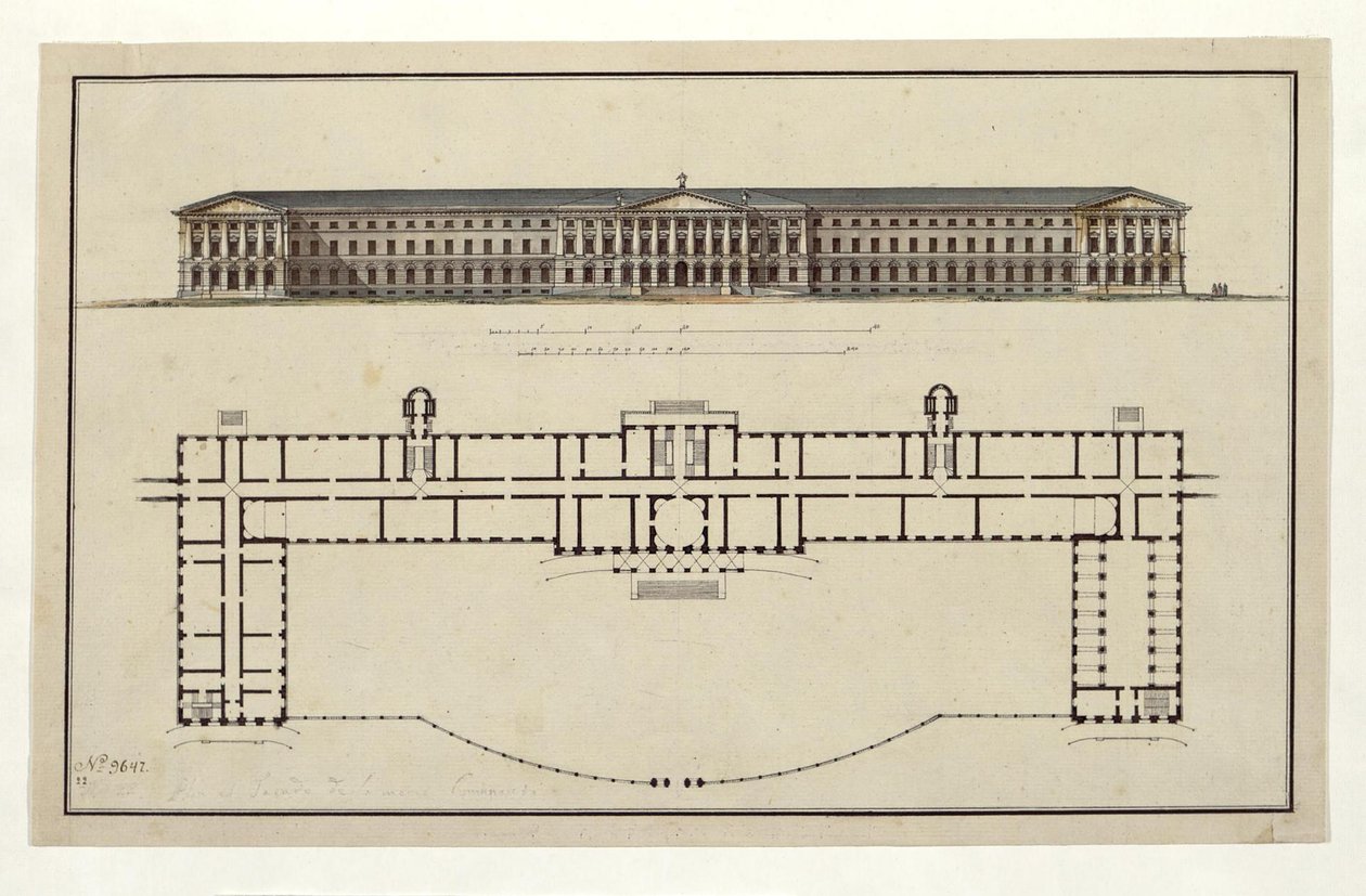 مشروع معهد سمولني. الواجهة الرئيسية ومخطط الدور الأرضي ، 1806-1808 بواسطة جياكومو أنطونيو دومينيكو كورينغي