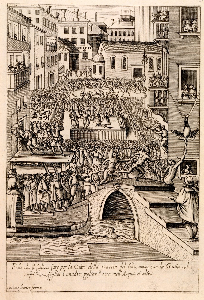 طعم الحيوانات في "مهرجان الصيد" في البندقية ، توضيح من سلسلة "Habiti d&39;Huomini e Donne Venetiane" ، تم نشره عام 1610 بواسطة جياكومو فرانكو
