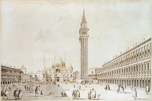 منظر لساحة سان ماركو متجهًا نحو البازيليكا و Campanile (قلم حبر وحبر مغسول على الورق) بواسطة جياكومو جواردي
