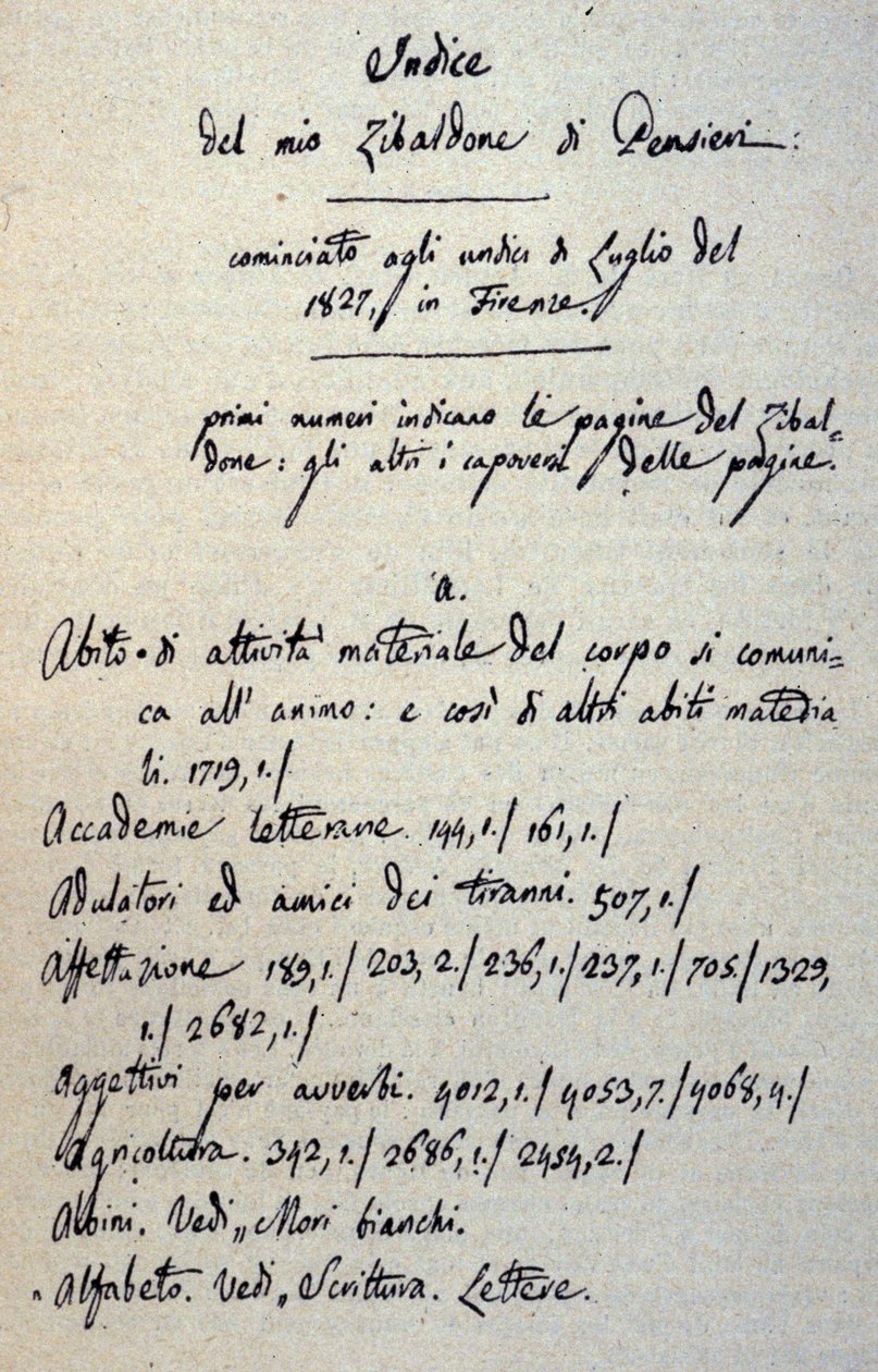 بداية مخطوطة Zibaldone (أو "Pensieri") بقلم جياكومو ليوباردي (1798 - 1837). 1817-1832 بواسطة جياكومو ليوباردي