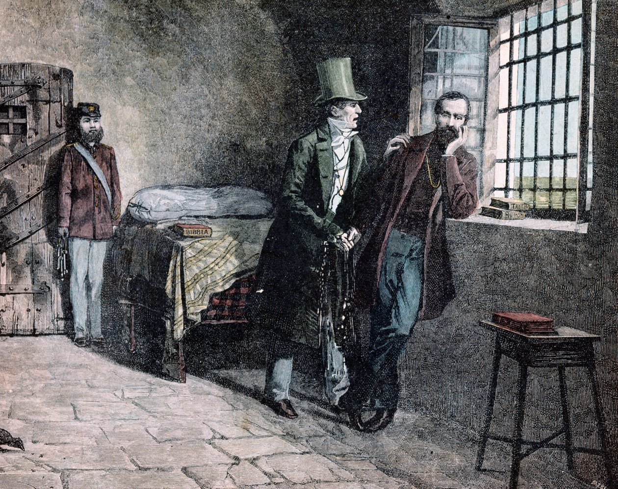 Risorgimento: "" المواطن الإيطالي جوزيبي مازيني (1805-1872) المسجون في سافونا عام 1830 يلتقي بوالده الذي يدفعه لمغادرة ولايات سردينيا "" نقش بقلم جياكومو مانتيجاززا (1853-1920) 1884 مجموعة خاصة بواسطة جياكومو مانتيجازا