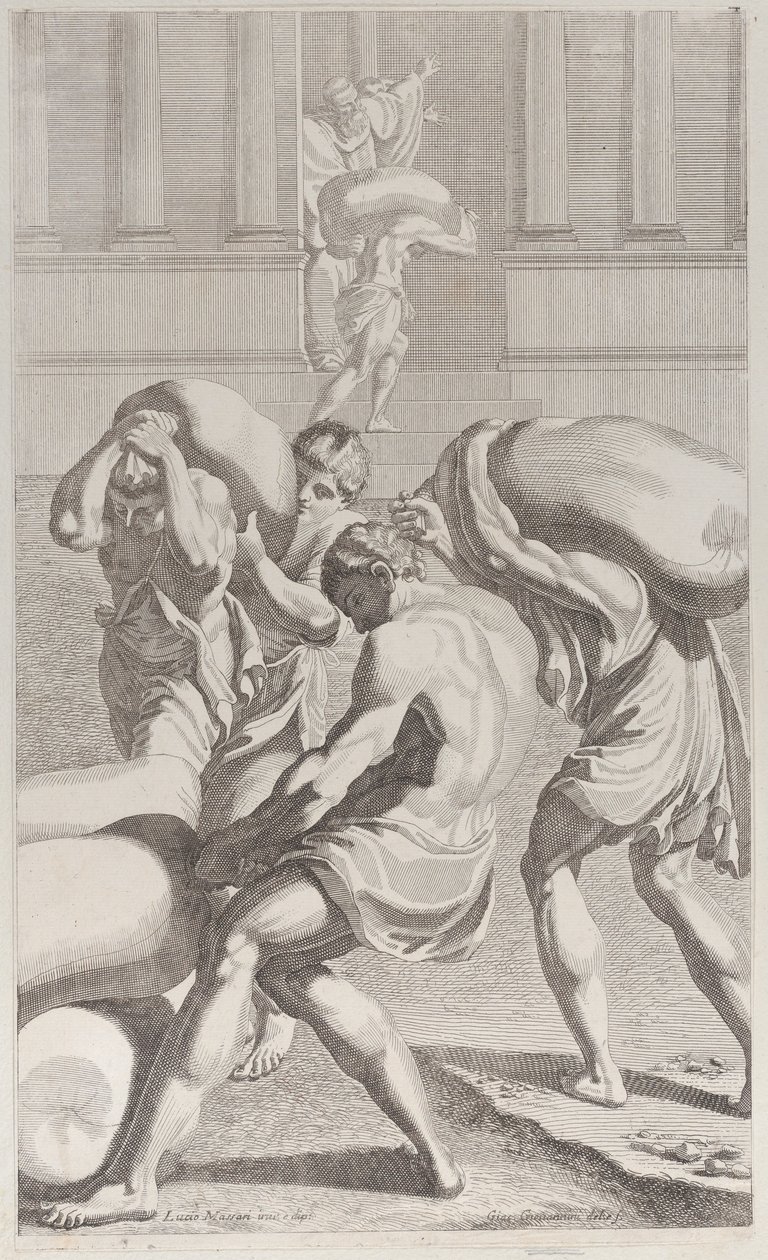 رجال يجلبون أكياسًا من الرصاص إلى دير القديس بنديكت ، 1687-1717. بواسطة جياكومو ماريا جيوفانيني