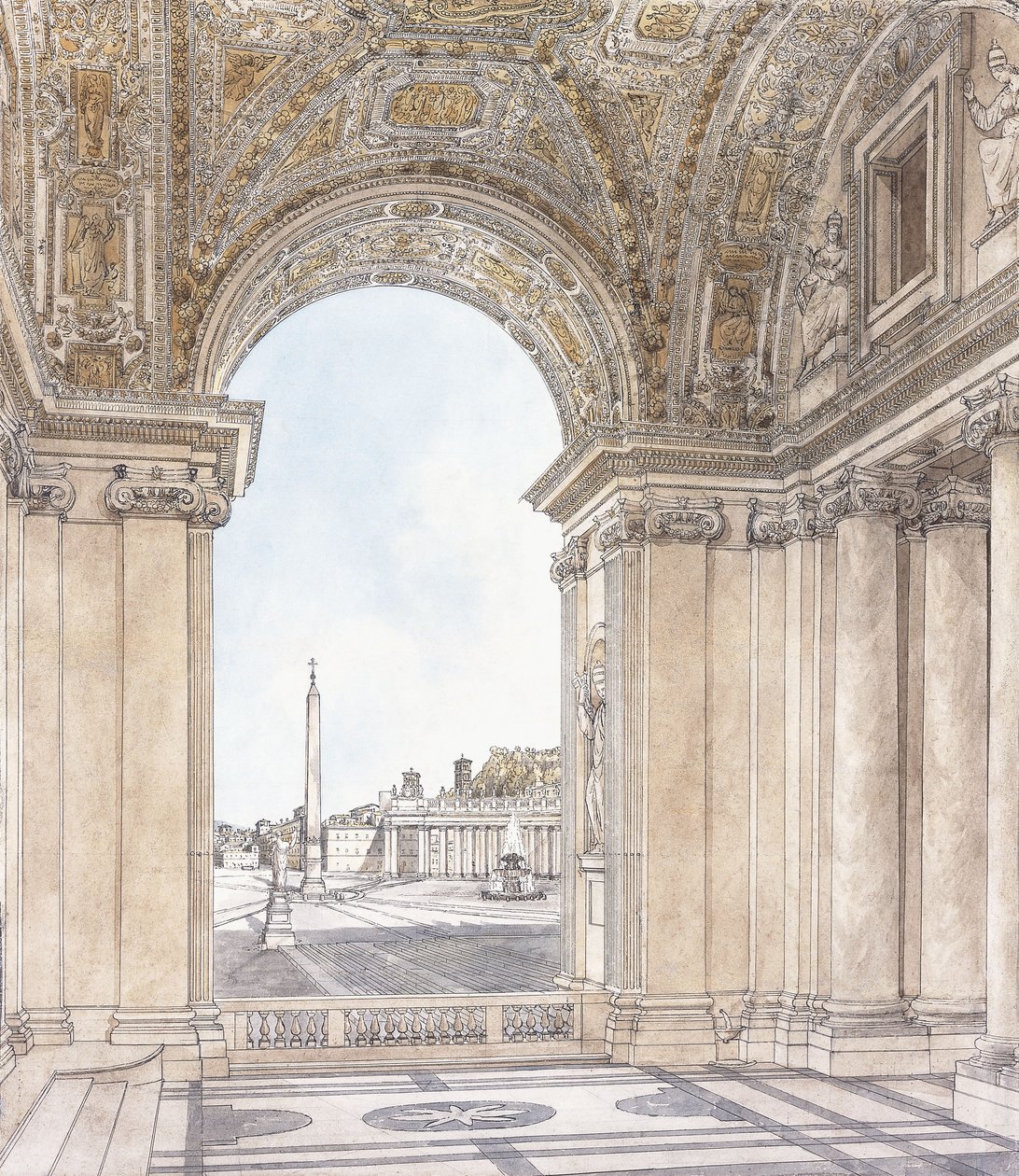 منظر لساحة سان بيترو ، روما تطل جنوبا من Portico of the Basilica ، قبل 1779 بواسطة جياكومو كورينغي