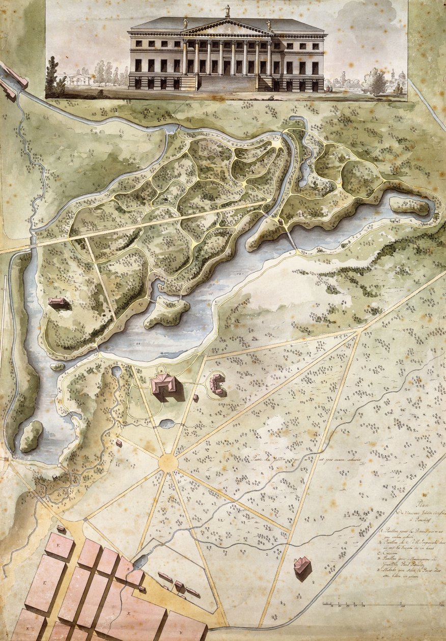 Peterhof ، روسيا: ارتفاع القصر الإنجليزي وخطة الحديقة ، بواسطة جياكومو كورينغي