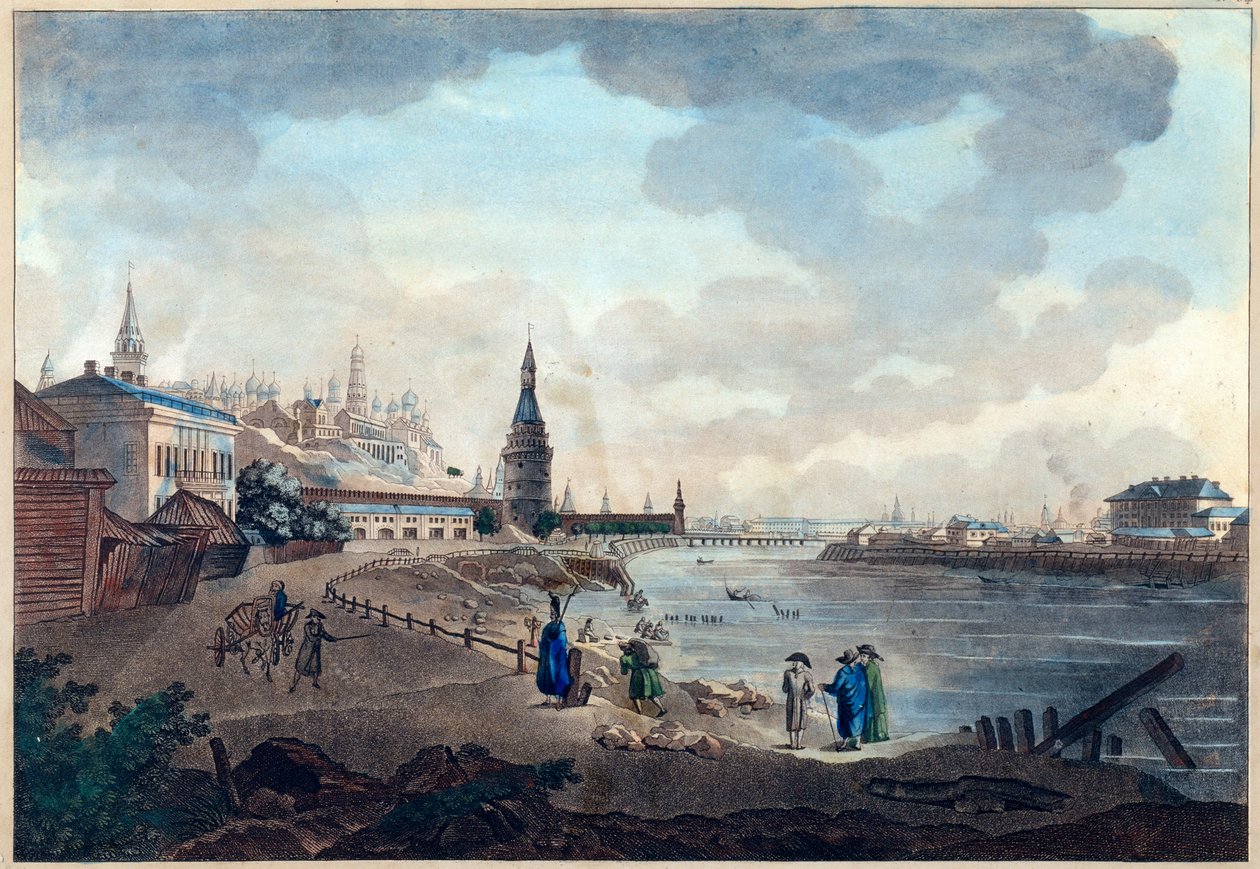 منظر لكرملين موسكو مأخوذ من الجسر الحجري فوق موسكوفا (موسكفا أو موسكوا). عمل جياكومو أنطونيو دومينيكو كورينغي (1744-1817) ، ألوان مائية وحبر على ورق ، حوالي عام 1790. الفن الإيطالي بواسطة جياكومو كورينغي