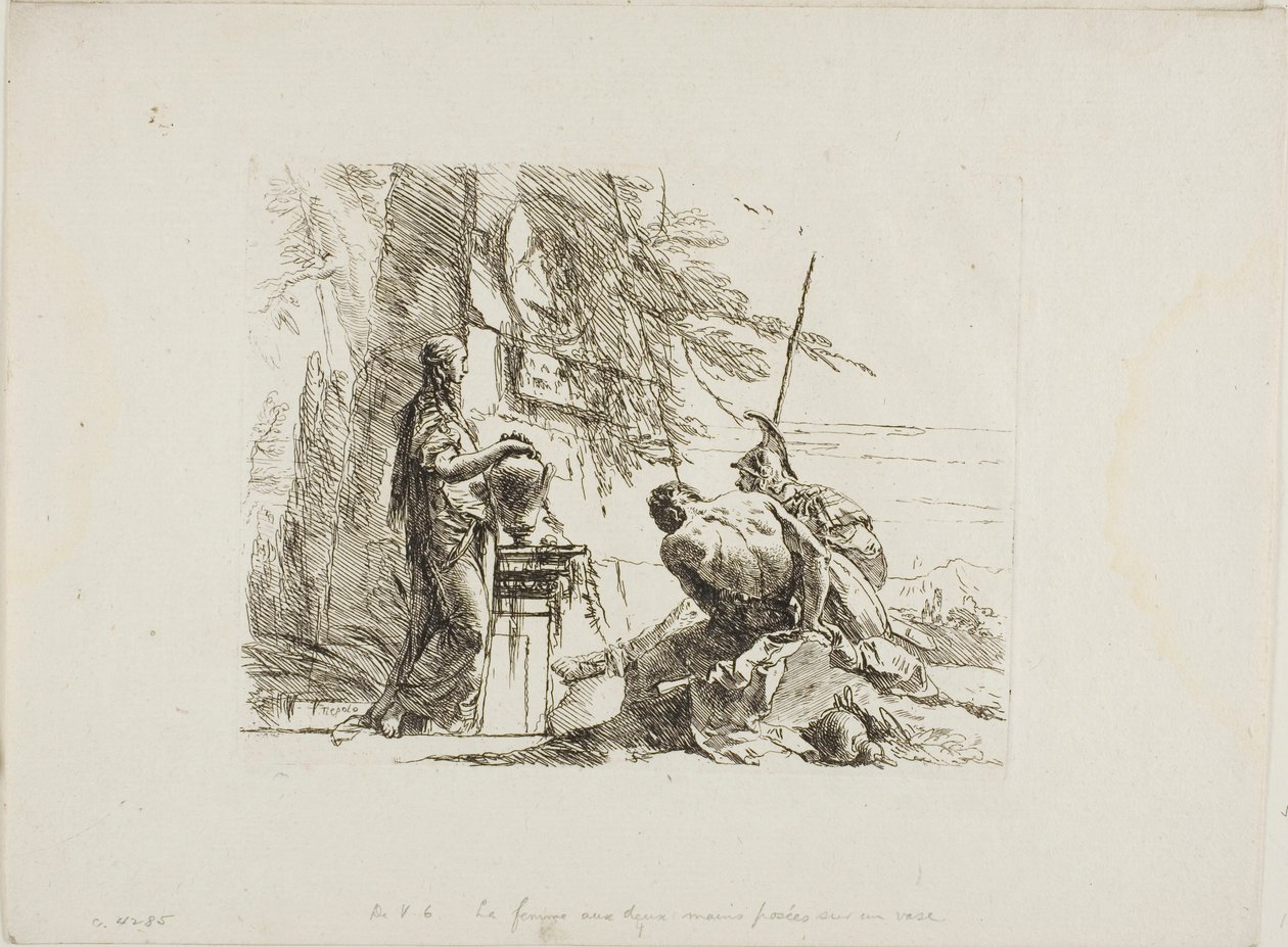 امرأة تحمل يديها على إناء وجندي وعبد من كابريتشي بواسطة Giambattista Tiepolo