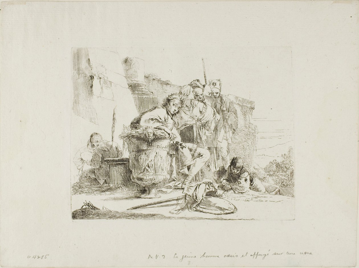 شاب جالس متكئ على جرة ، من كابريتشي بواسطة Giambattista Tiepolo