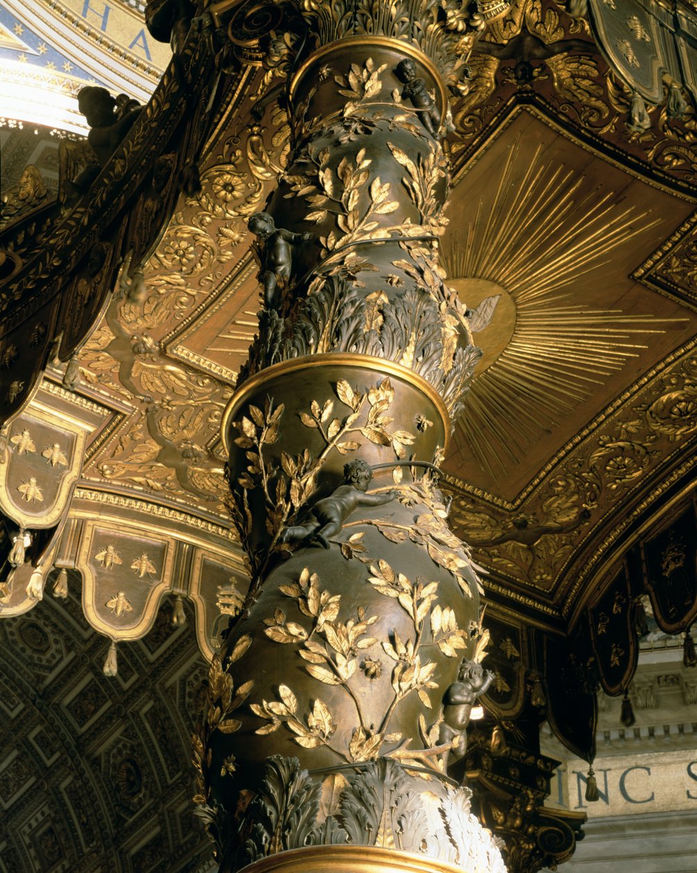 عمود سكر الشعير من Baldacchino بأوراق الغار ونحل مطاردة النحل ، 1633 (برونزي) بواسطة جيان لورينزو بيرنيني