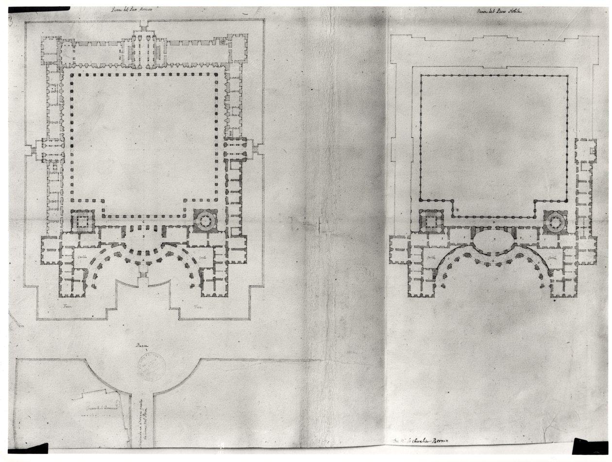 خطتان للمشروع الأول لمتحف اللوفر ، من "Recueil du Louvre" ، المجلد الأول ، ص. ٣ ، ١٦٦٤ (قلم وحبر وغسل على ورق) (انظر ١٦٤٠١٣) بواسطة جيان لورينزو بيرنيني